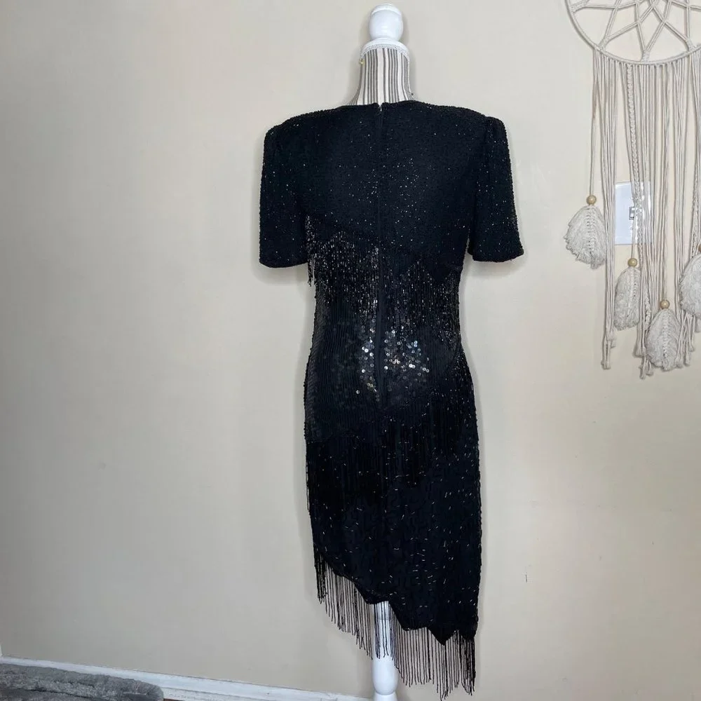 Vintage SCALA 80s Silk Gatsby Cocktail Asymmetric Sequins Beaded Dress Black M - Picture 4 of 12